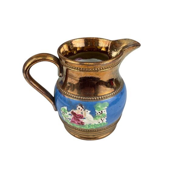 Antique Hand-Painted Copper Lustre Pitcher With Child & Dog Design - Picture 5 of 8